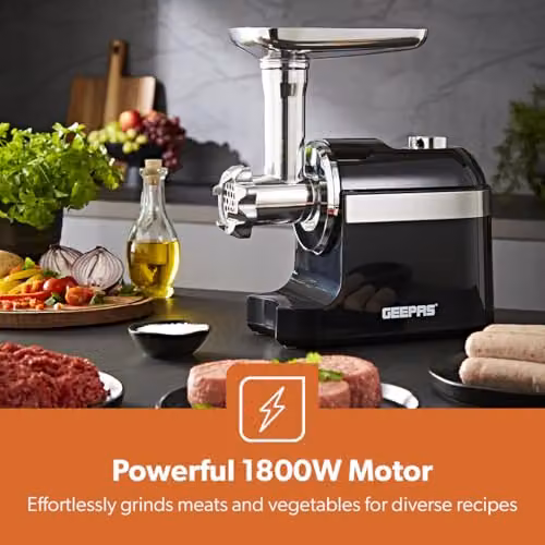 Geepas 1800W Electric Meat Grinder and Sausage Stuffer in Black with Stainless Steel and Aluminium Components – 3