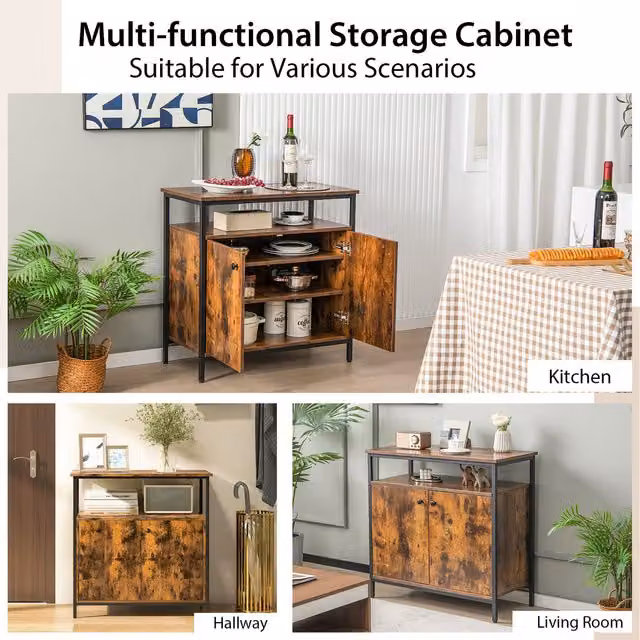COSTWAY 2-Door Rustic Brown Wood and Metal Buffet Sideboard – 1