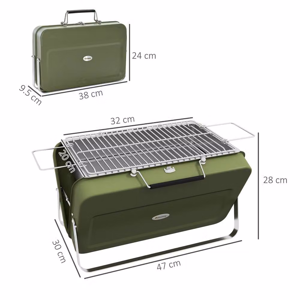 OUTSUNNY Portable Charcoal Tabletop BBQ Grill with Suitcase Design in Green, W/D/H: 47.0 x 30.0 x 28.0 cm – 2