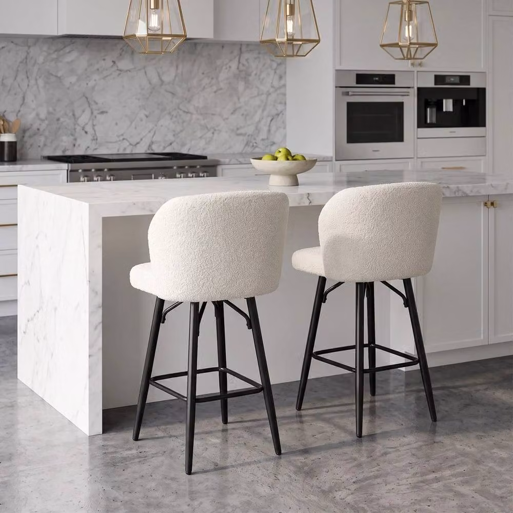 Kelvenix Set of 2 Beige Sherpa Fleece Upholstered Bar Stools with Metal Frame – 2