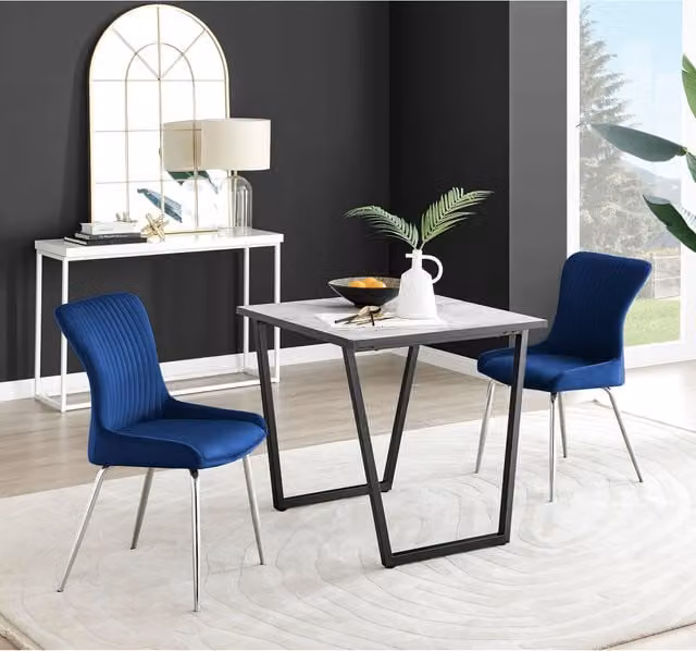 FurnitureboxUK Carson White Marble Effect Square Dining Table and 2 Nora Blue Velvet Chairs with Silver Legs