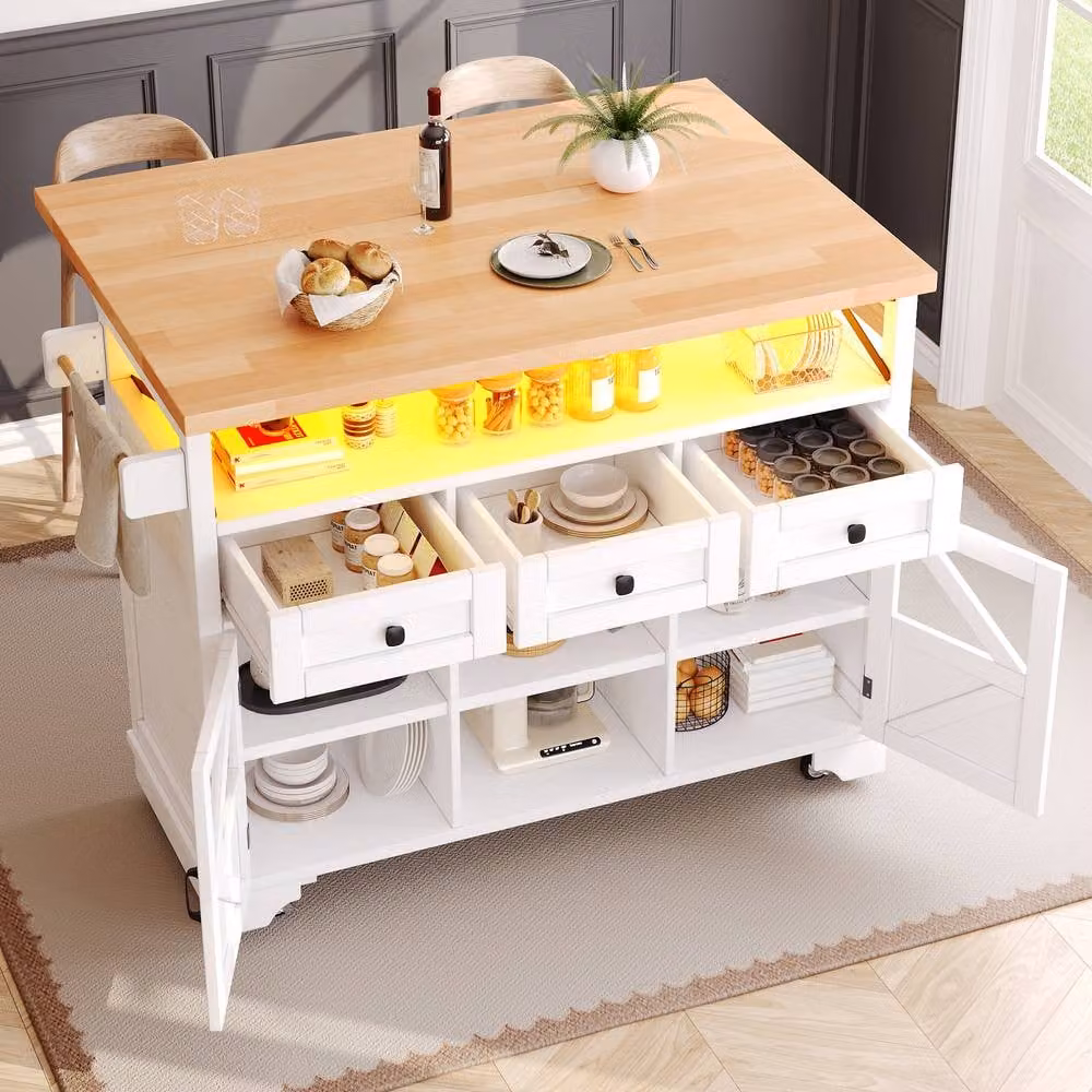 BTM Multifunctional Mobile Kitchen Island Cart with LED and Storage in White, W/D/H: 98 x 71 x 71 cm – 2