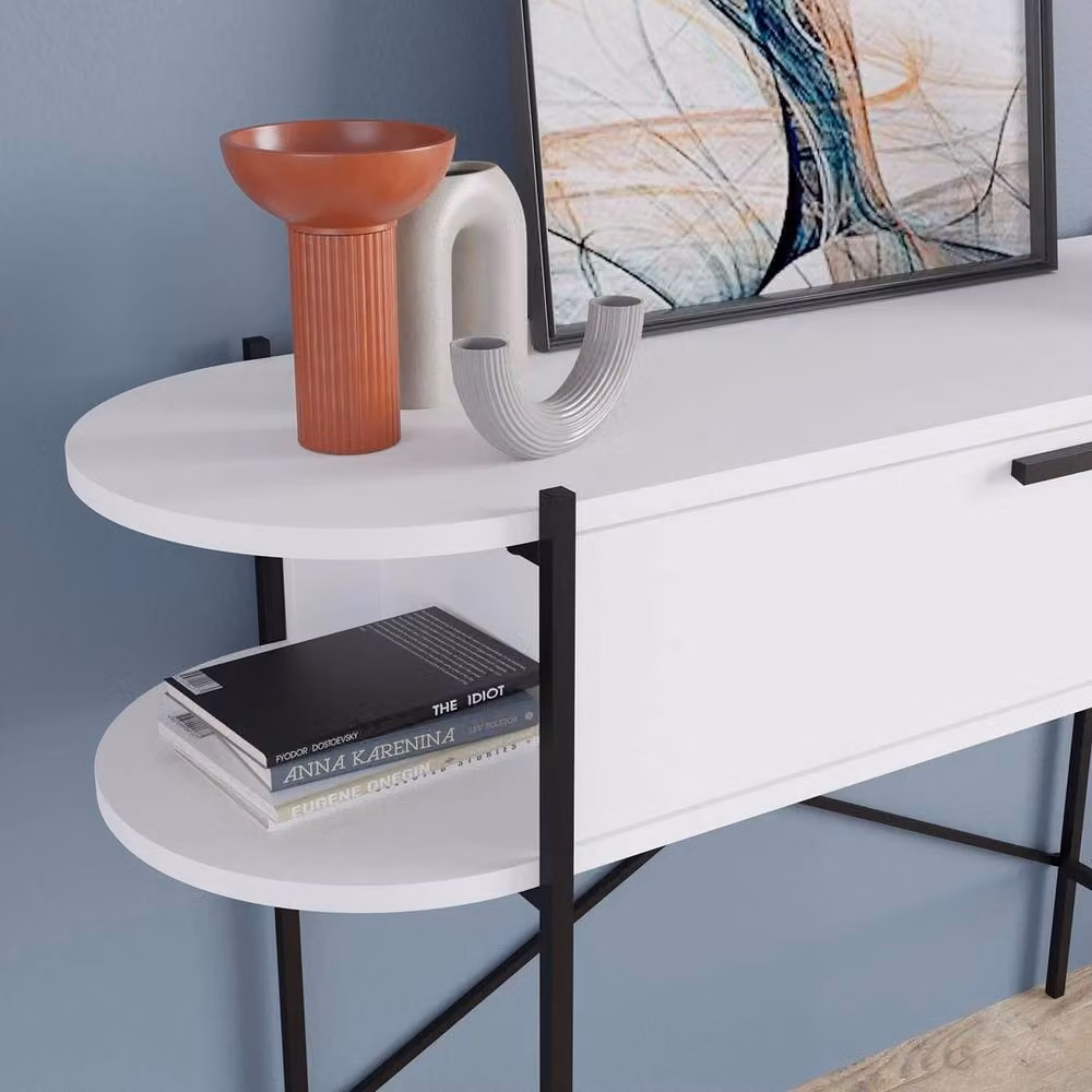 FORGEVIO Modern White Metal Console Table with 1 Drawer, 2 Shelves and X-Frame Design – 3