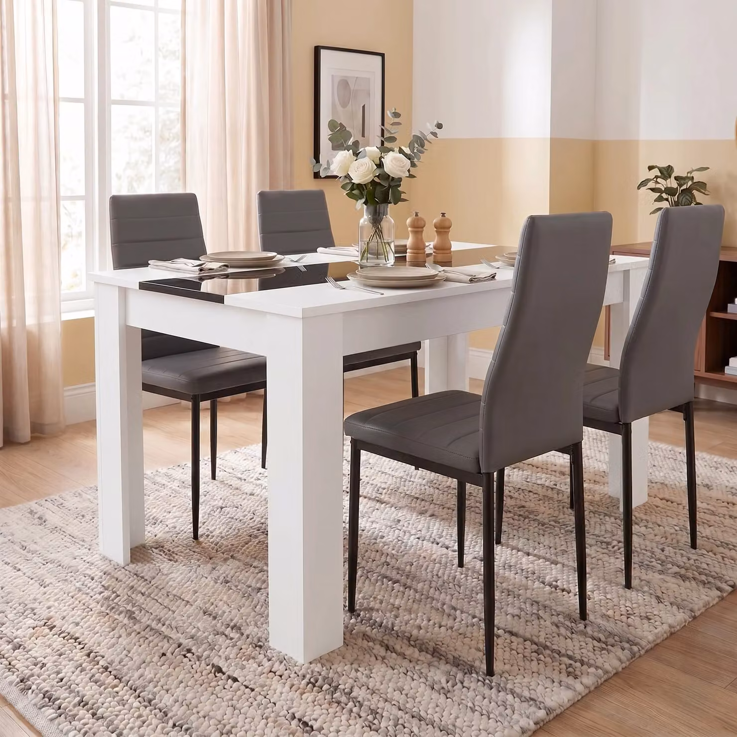 DHS Modern Glossy Rectangular Dining Table and Chairs Set in White, Black and Grey