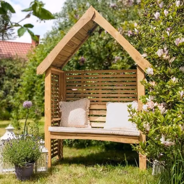 Primrose Brown Wooden 2 Seater Garden Bench with Slatted Sides and Rustic Arbour Design