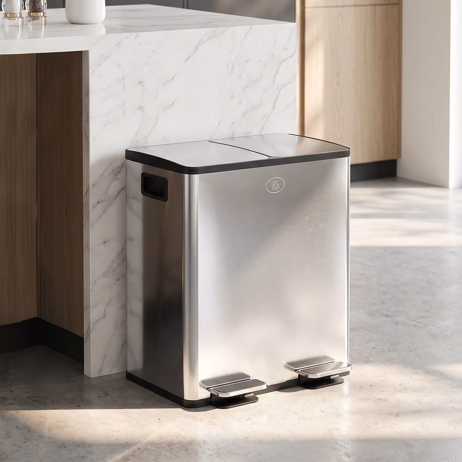HOMCOM Silver Dual Kitchen Pedal Bin, 2 x 20L Stainless Steel Bins with Soft Close Lids and Removable Inner Buckets – 2