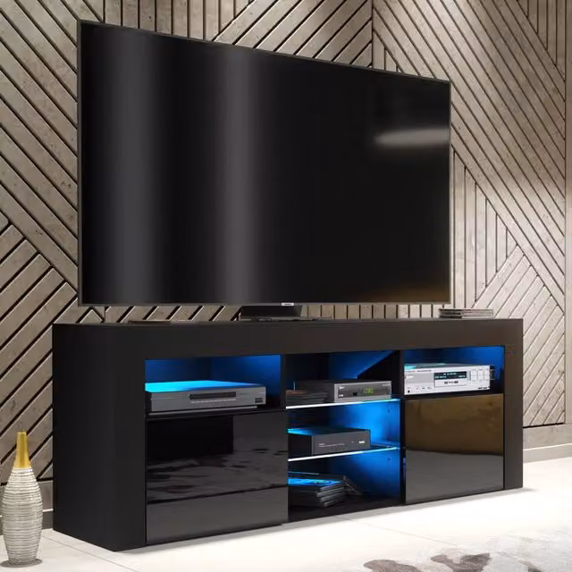 Creative Furniture Pulse TV Unit in Black with Glossy Doors and LED Lights, W: 145 cm, H: 53 cm, D: 35 cm
