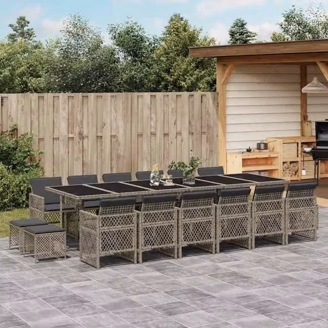 Berkfield Home 17 Piece Grey Poly Rattan Garden Dining Set with Cushions and Glass Top – 1