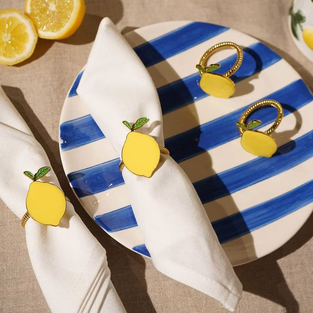 Hestia Set of 4 Yellow and Gold Metal Lemon Napkin Rings – 3