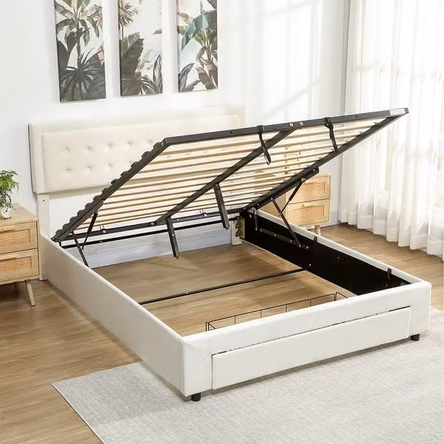 HOMCOM King Size Upholstered Bed Frame with Lift Up Storage and Headboard in Beige