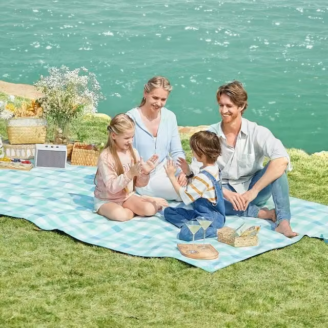 The Bazaarist Waterproof Foldable Picnic Mat in Green and White with Padded Fleece and Aluminium Coated Underside