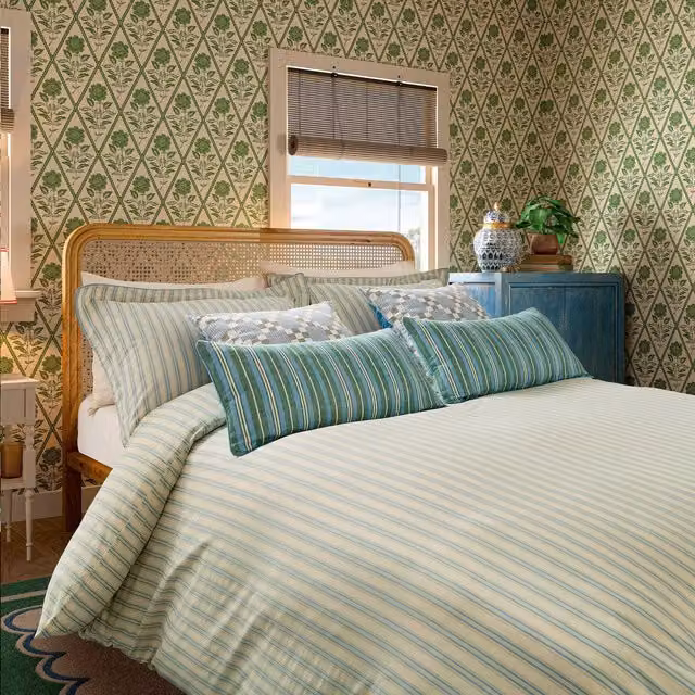 Joules Ticking Stripe Kingsize Cotton Percale Duvet Cover and Pillowcase Set, Blue/Green, W: 180 cm, L: 200 cm