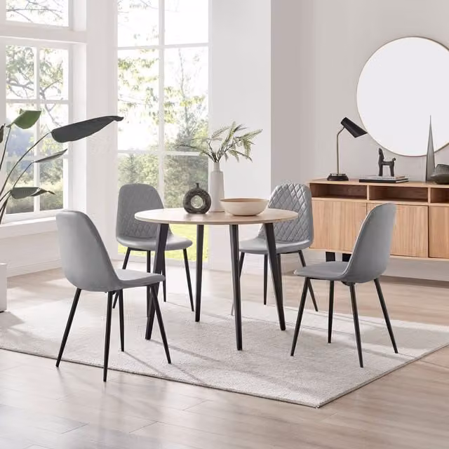 FurnitureboxUK Koko Oak Effect Round Dining Table and 4 Corona Grey Faux Leather Dining Chairs with Black Legs