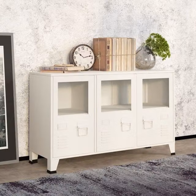 Berkfield Home Industrial Sideboard in White Metal and Glass, W/D/H: 105 x 35 x 62 cm