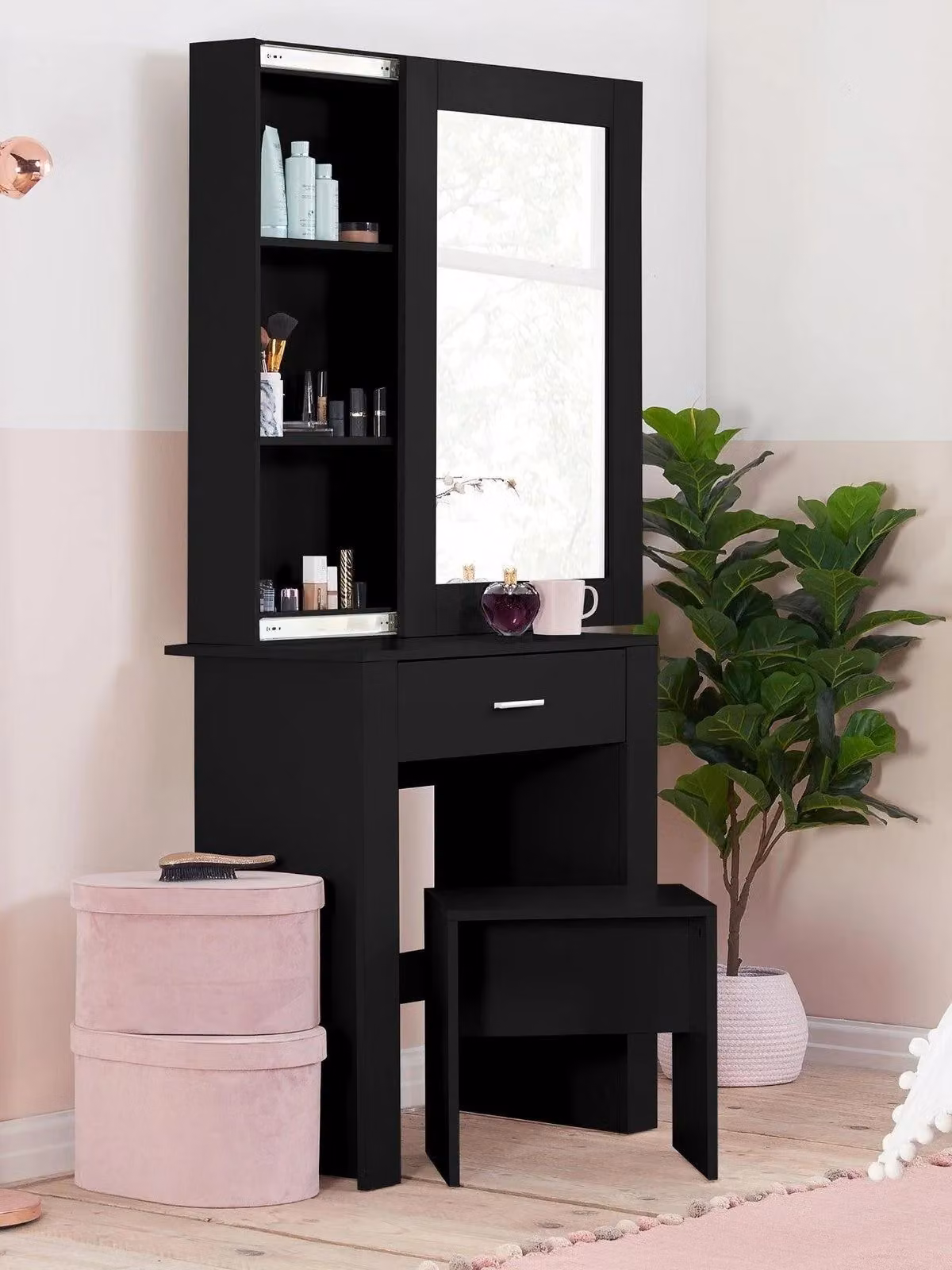 Birlea Evelyn Black Sliding Mirror Dressing Table with Stool, W/D/H: 170 x 39.5 x 73 cm
