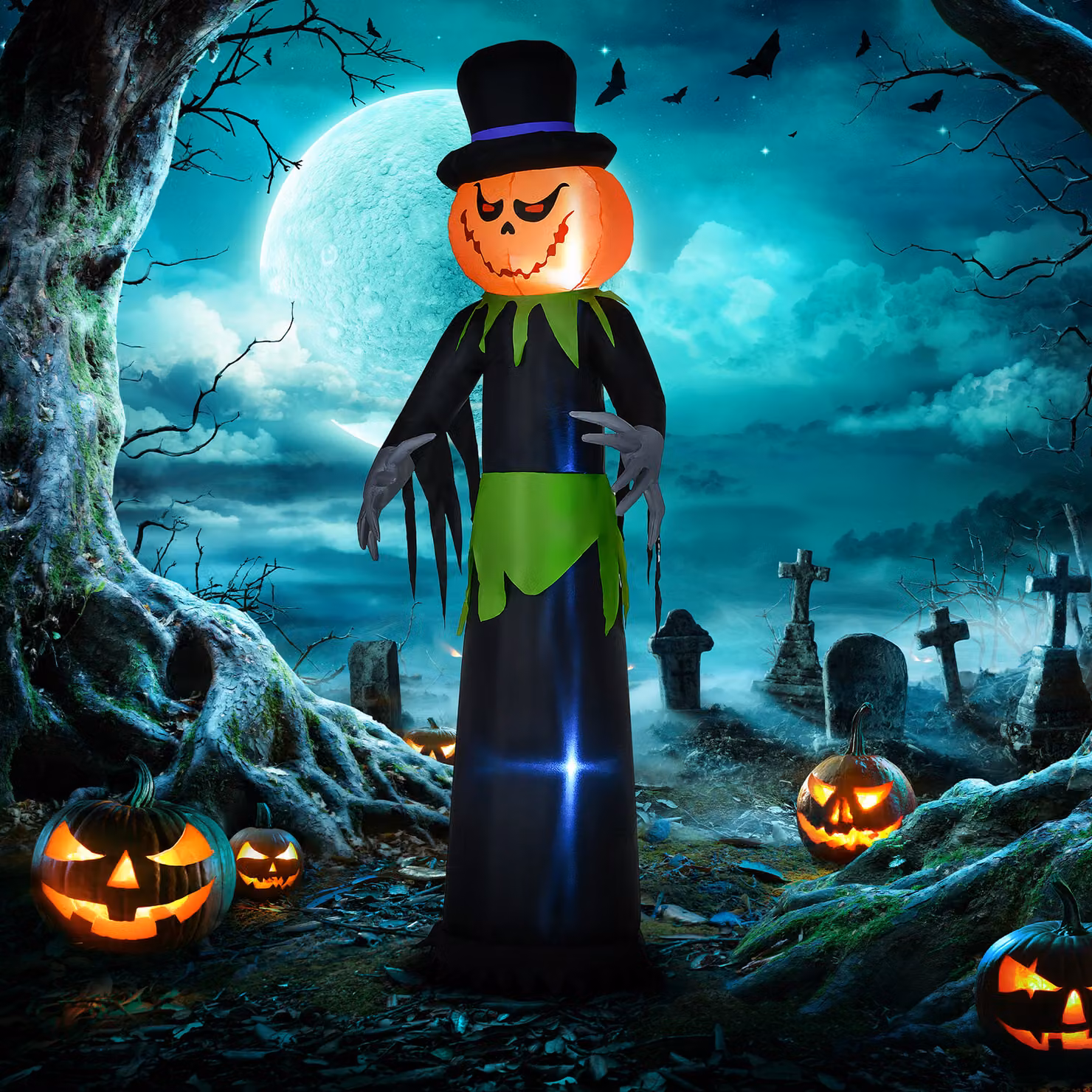 Outsunny 8ft Tall Inflatable Pumpkin Ghost with Hat and LED Lights for Outdoor Halloween Decoration – 2