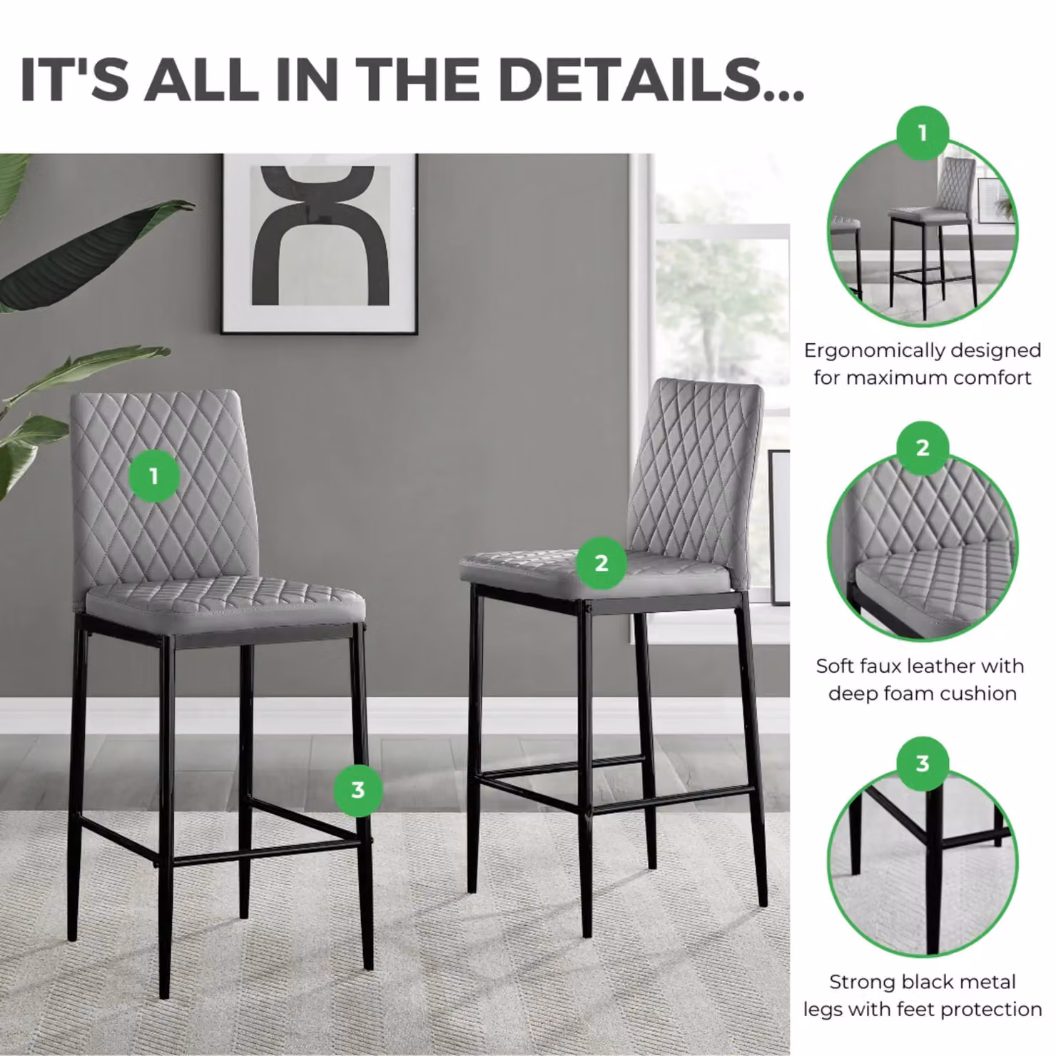 FurnitureboxUK Set of 2 Milan Hatched Faux Leather Padded Counter Stools with Black Metal Legs – 7