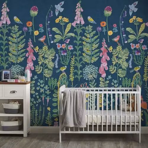 Grandeco Spring Meadow Flower Painted Sprig 3 Lane Repeatable Wallpaper Mural in Dark Teal, W: 280 cm, H: 159 cm – 1
