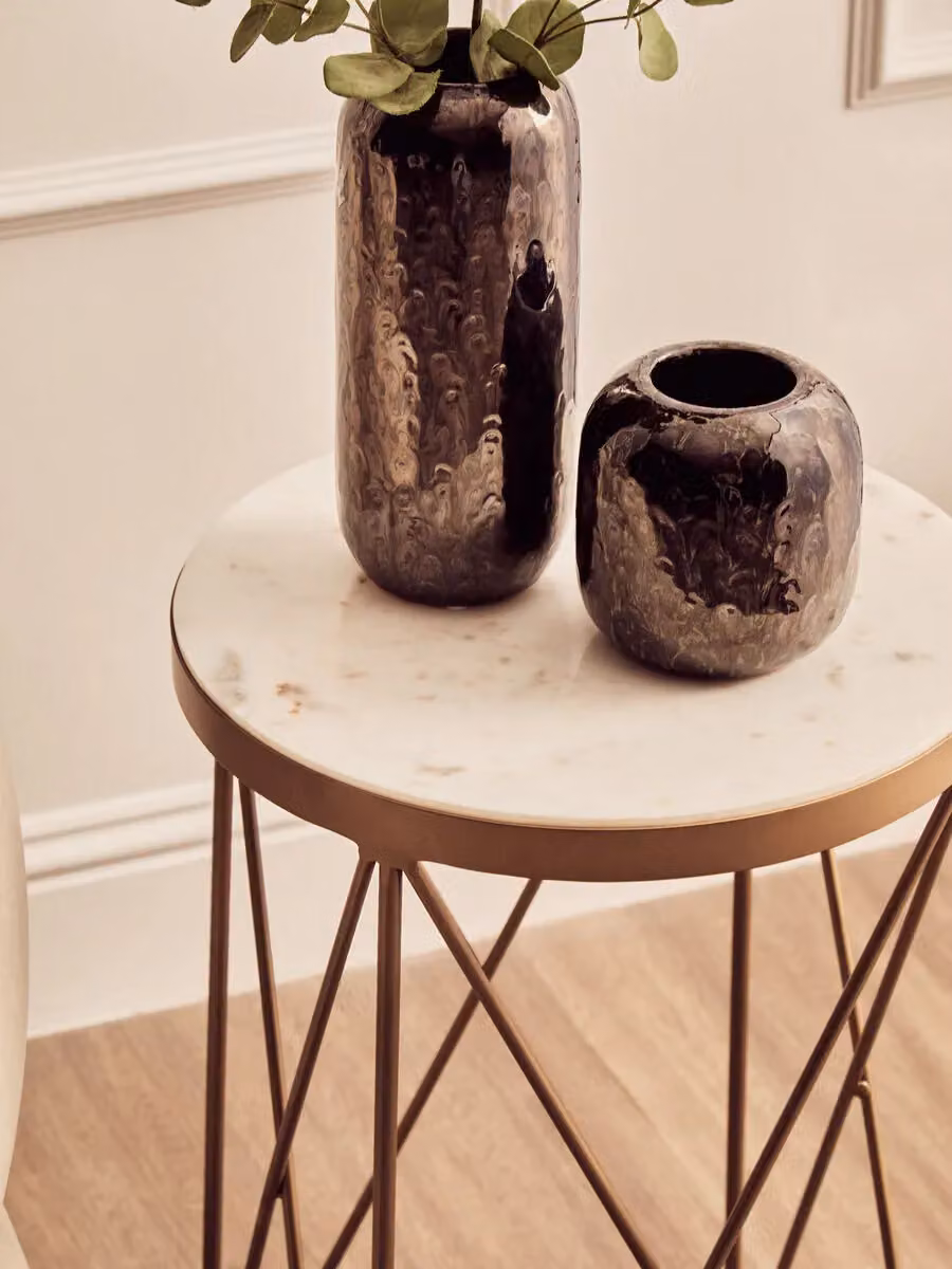 Orsina Round White Marble Side Table with Gold Geometric Metal Legs, W/D/H: 36 x 36 x 58 cm – 2