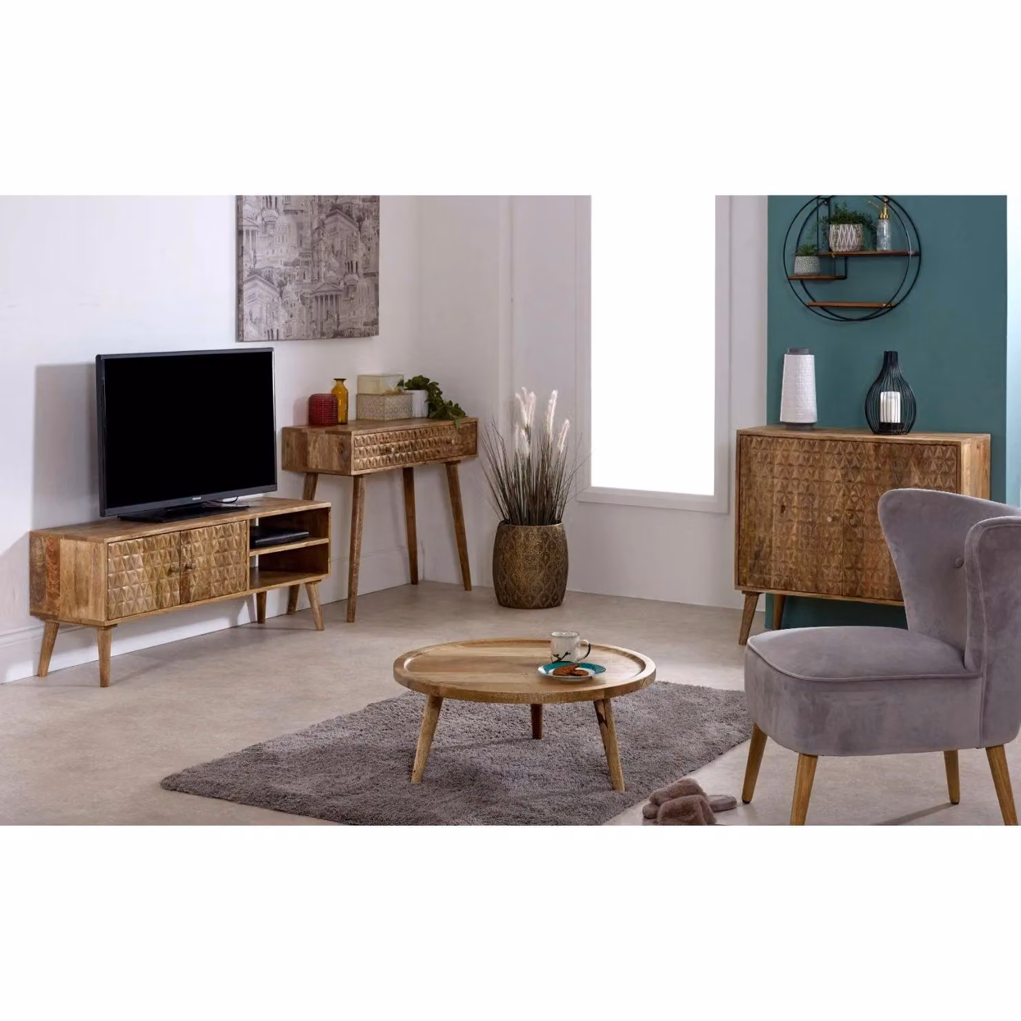 IH Design Ryley Round Mango Wood Low Coffee Table in Natural, W/D/H: 70 x 70 x 30 cm – 2