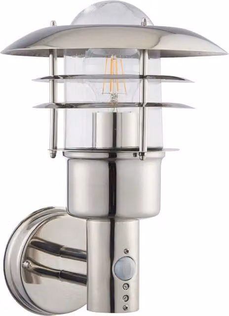Loops IP44 Outdoor Wall Lamp in Silver Stainless Steel with Transparent Glass Caged Lantern and Motion Sensor