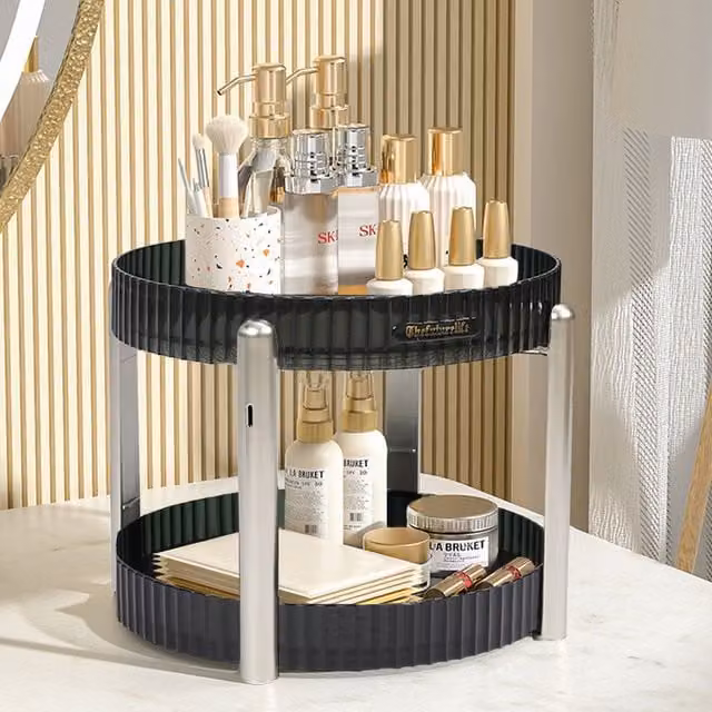 Living and Home Round Rotating Plastic Storage Organiser for Spices and Makeup in Green and Silver
