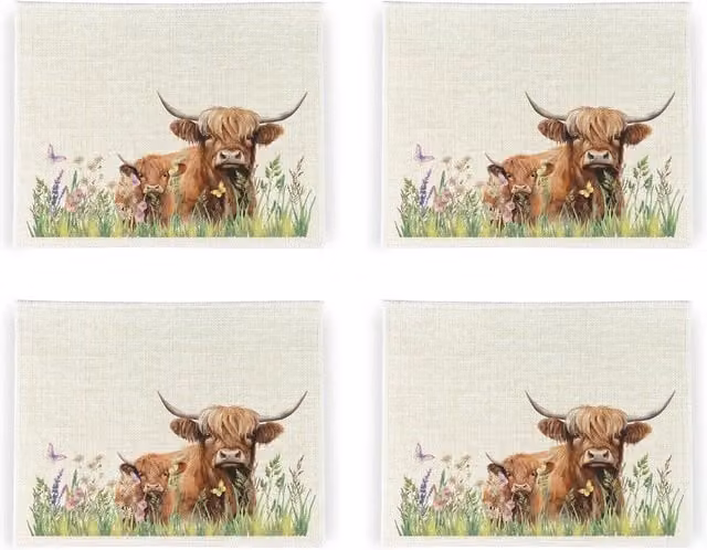 Purely Home Highland Cow and Calf Linen Placemats, Set of 4, White