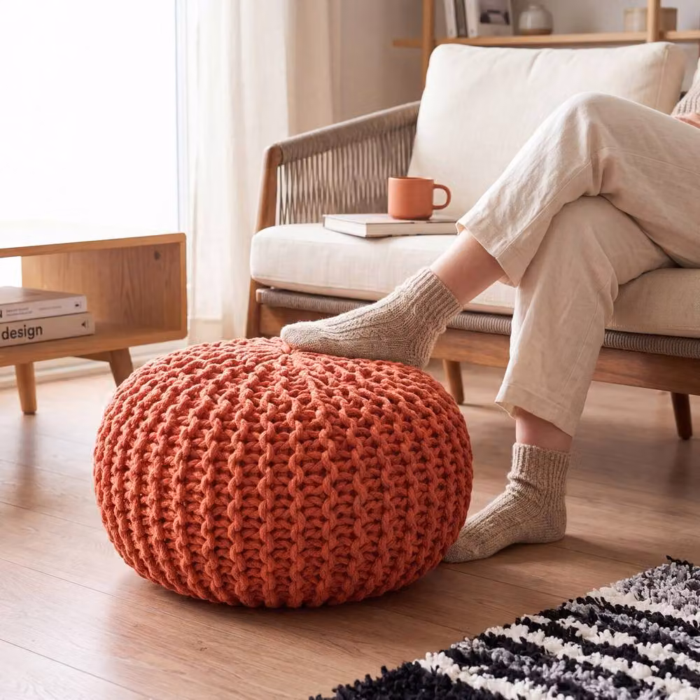Bravich LTD Chunky Knitted Cotton Pouffe Footstool in Orange, Diameter: 50 cm – 2