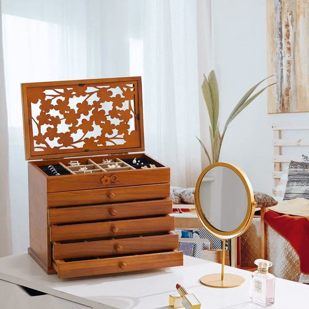 FORGEVIO Large 6 Tier Wooden Jewellery Storage Box in Brown, Width: 50 cm – 3