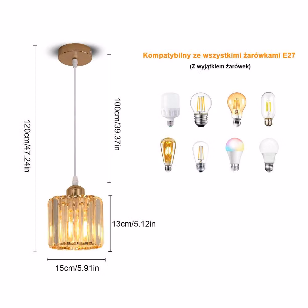 Pheashine Gold Crystal Pendant Light with Adjustable 1m Cord and E27 Socket – 2