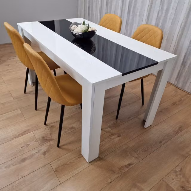 Kosy Koala Modern Rectangular Dining Table and 4 Mustard Stitched Faux Leather Chairs Set in Black and White