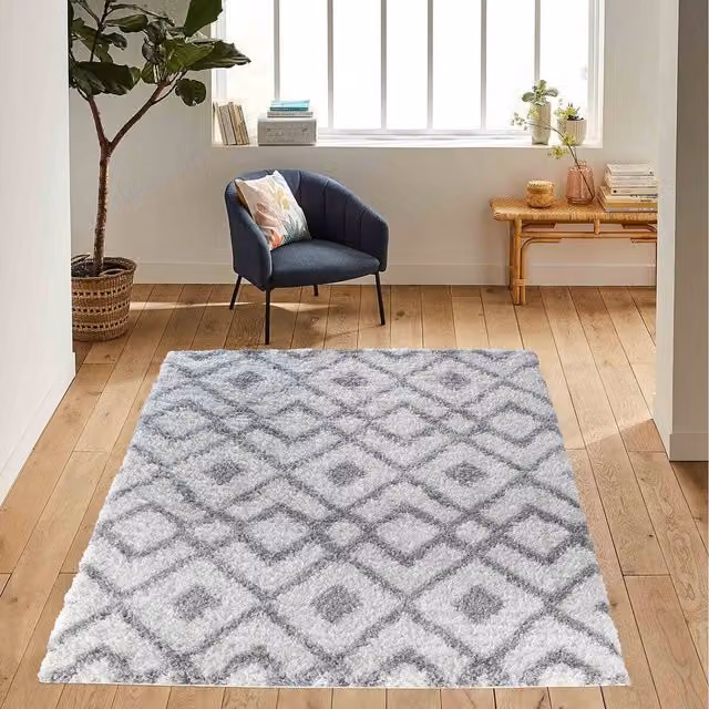Desire Rugs Moroccan Berber Shaggy Rug with Boho Ikat Design in White and Grey, W: 200 cm, D: 290 cm