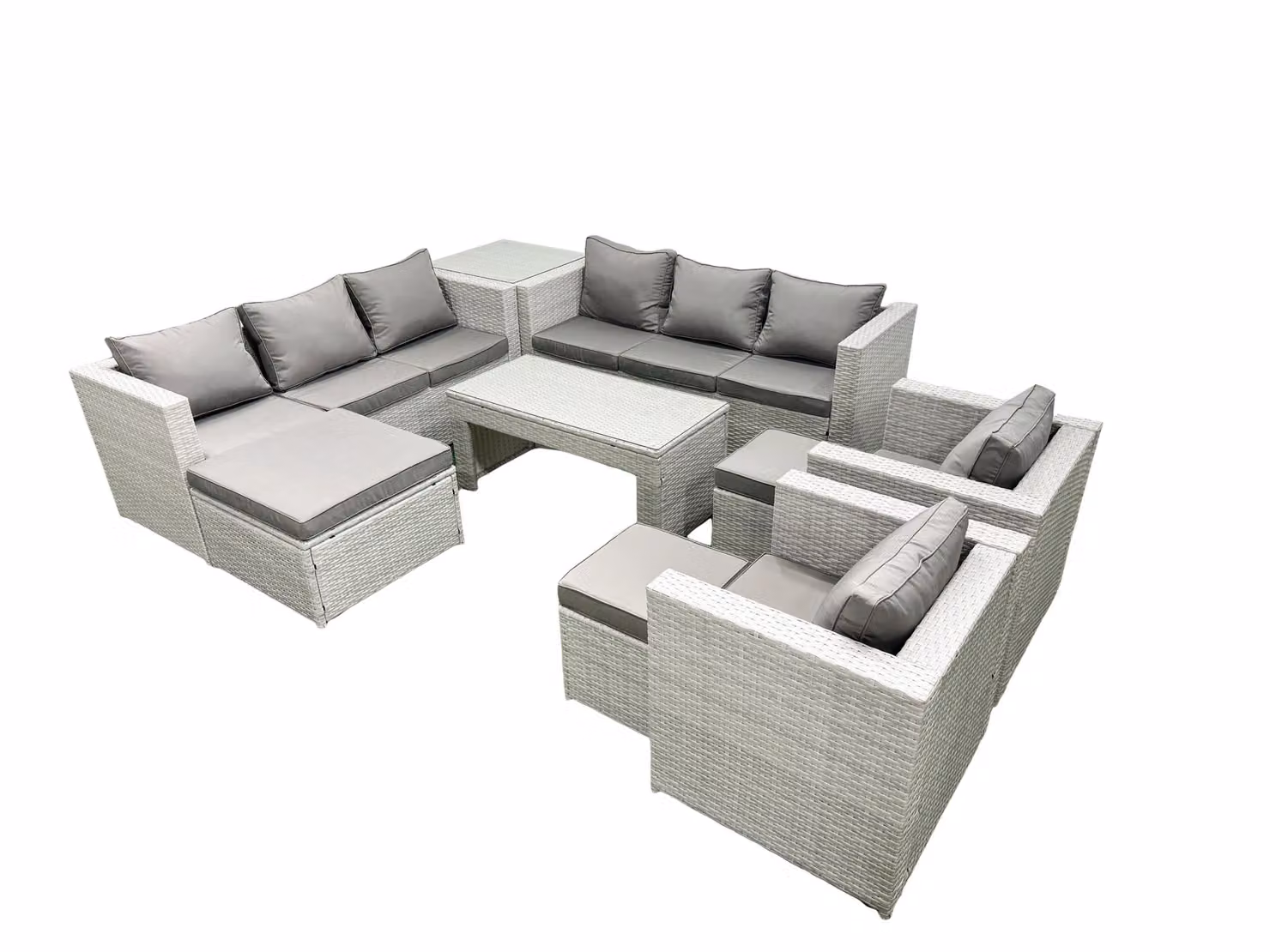 Fimous Rattan Outdoor Garden Furniture Set in Light Grey with Armchairs, Coffee Table and Ottomans – 2