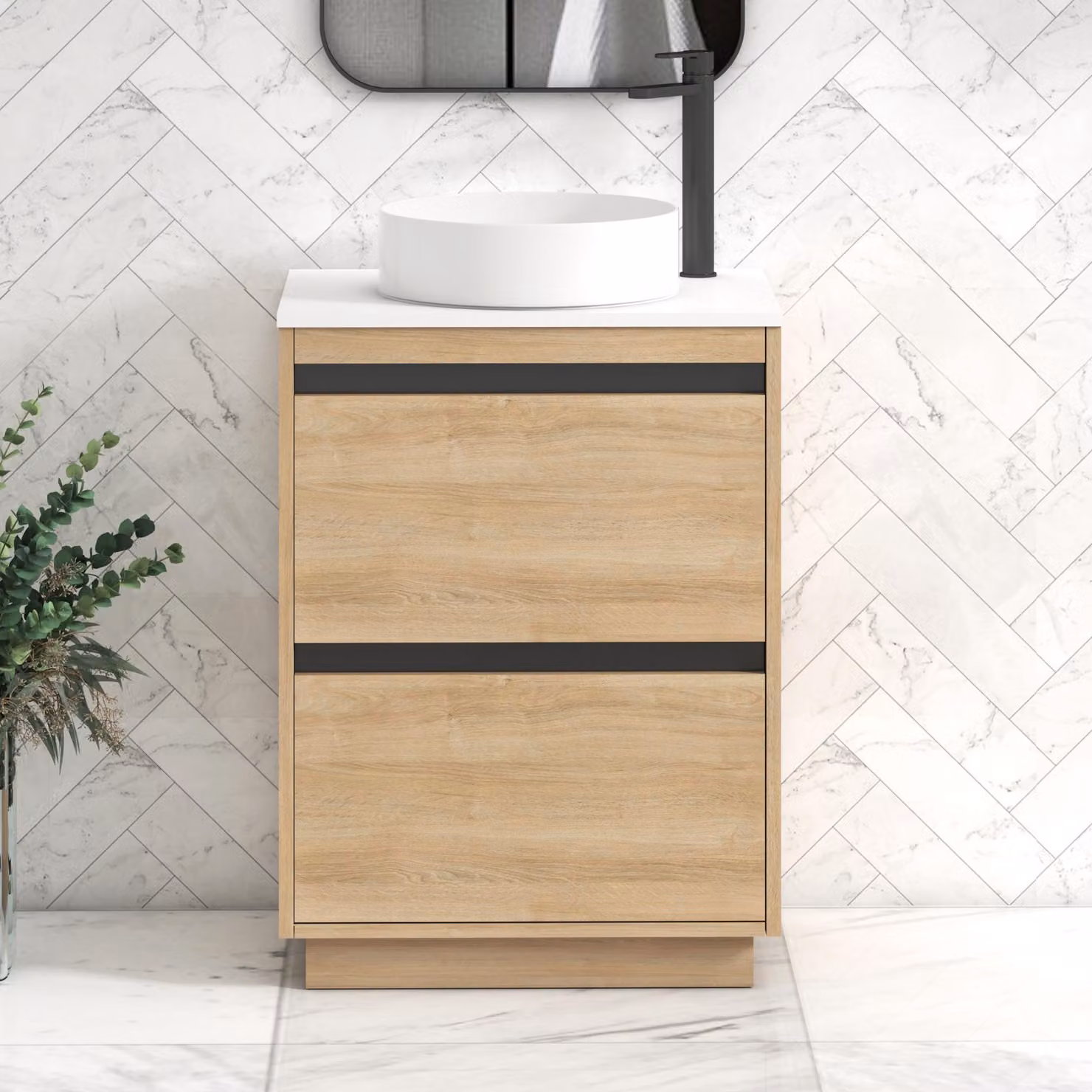 Royal Bathrooms Orion 600mm Natural Oak Floor Standing 2 Drawer Vanity Unit with White Countertop and Black Accent Trim