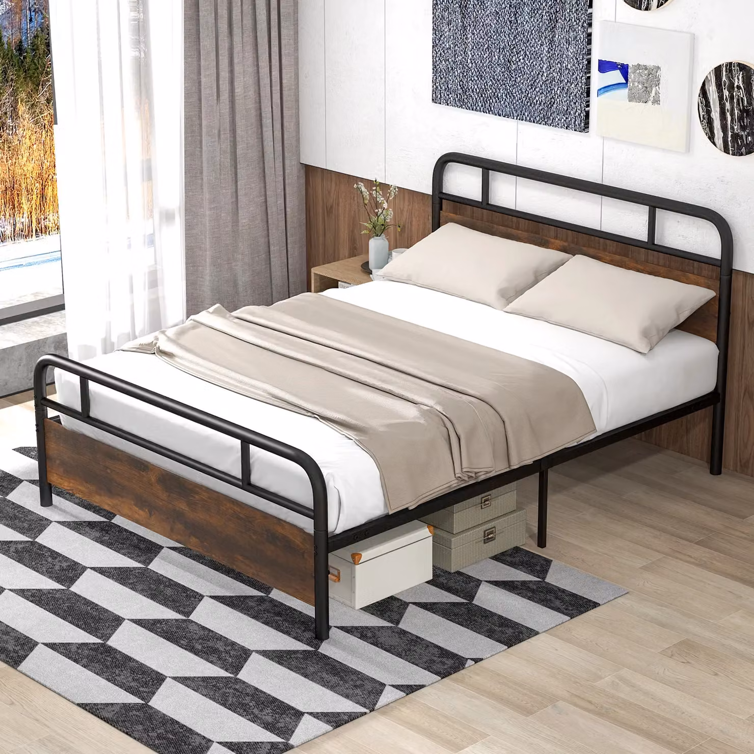 Costway Industrial King Size Heavy-duty Platform Bed Frame in Brown – 3