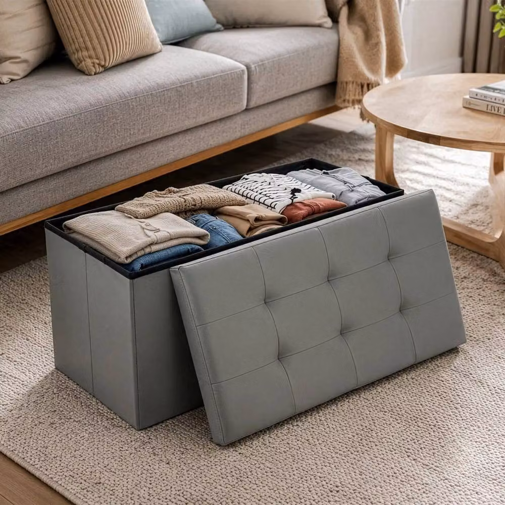 KORVIXA Dark Grey Faux Leather Foldable Storage Ottoman W/D/H: 76 x 37 x 37 cm – 3