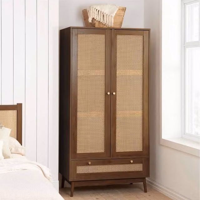 Birlea Croxley Mid Century Modern Rattan and Walnut 2 Door 1 Drawer Wardrobe in Brown, H 180 cm x W 90 cm x D 42 cm