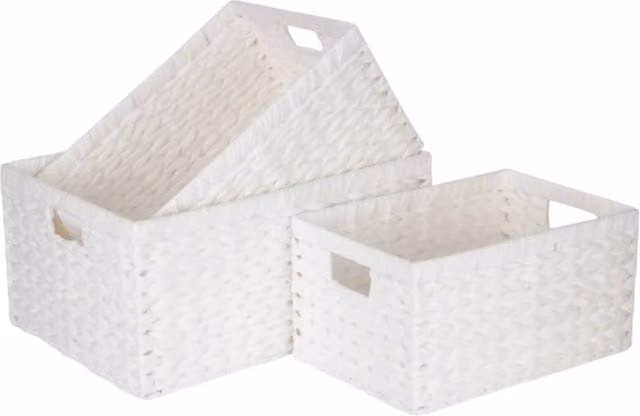 Set of 3 Red and White Rectangular Open Weave Paper Rope Storage Baskets with Metal Handles