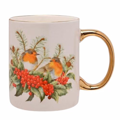 Widdop and Co Bone China Two Robin Christmas Mug with Gold Handle in Red, White and Gold
