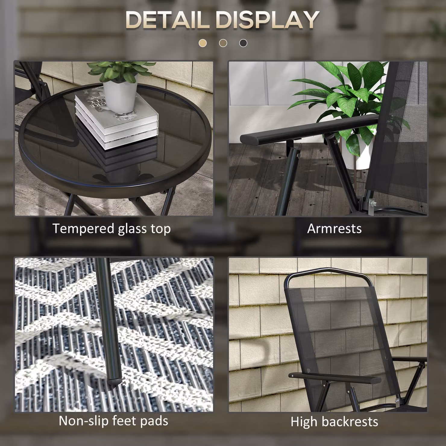 Outsunny Three-Piece Modern Garden Seat Set with Round Glass-Top Table in Black – 4