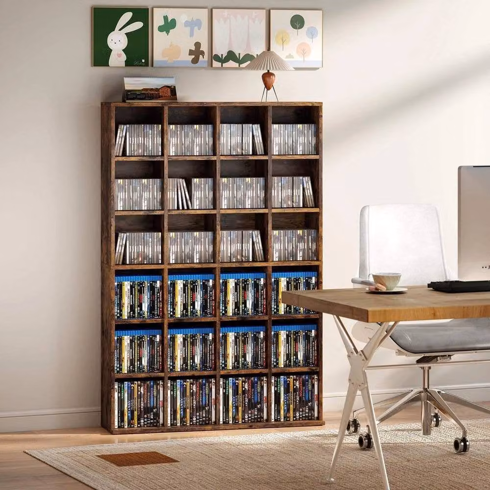 FLAVORA Rustic Brown Adjustable Shelf CD Storage Unit W: 89 cm, H: 130.5 cm – 6