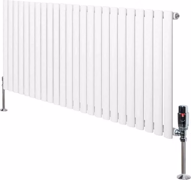 Monstershop Oval Single Column Steel Radiator and Thermostat Valves, White, H: 144 cm, W: 60 cm, D: 6 cm