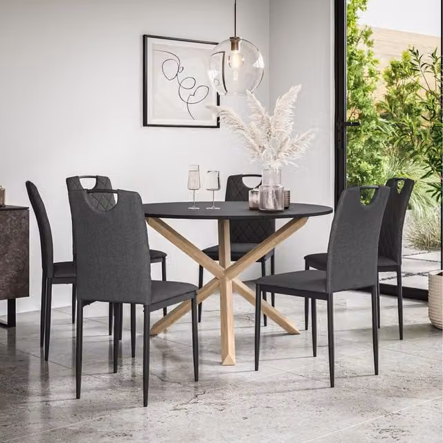 More4Homes Malvern Round Black Dining Table with 6 Grey Monza Faux Leather Chairs and Oak Legs