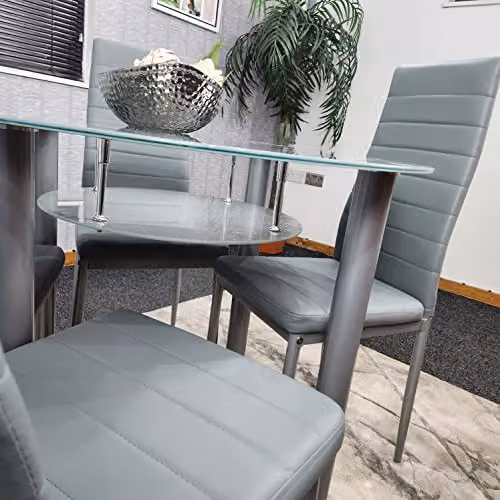 Kosy Koala Modern Round Glass Dining Table and 4 Grey Faux Leather Chairs Set, W/D/H: 90 x 90 x 75 cm – 4