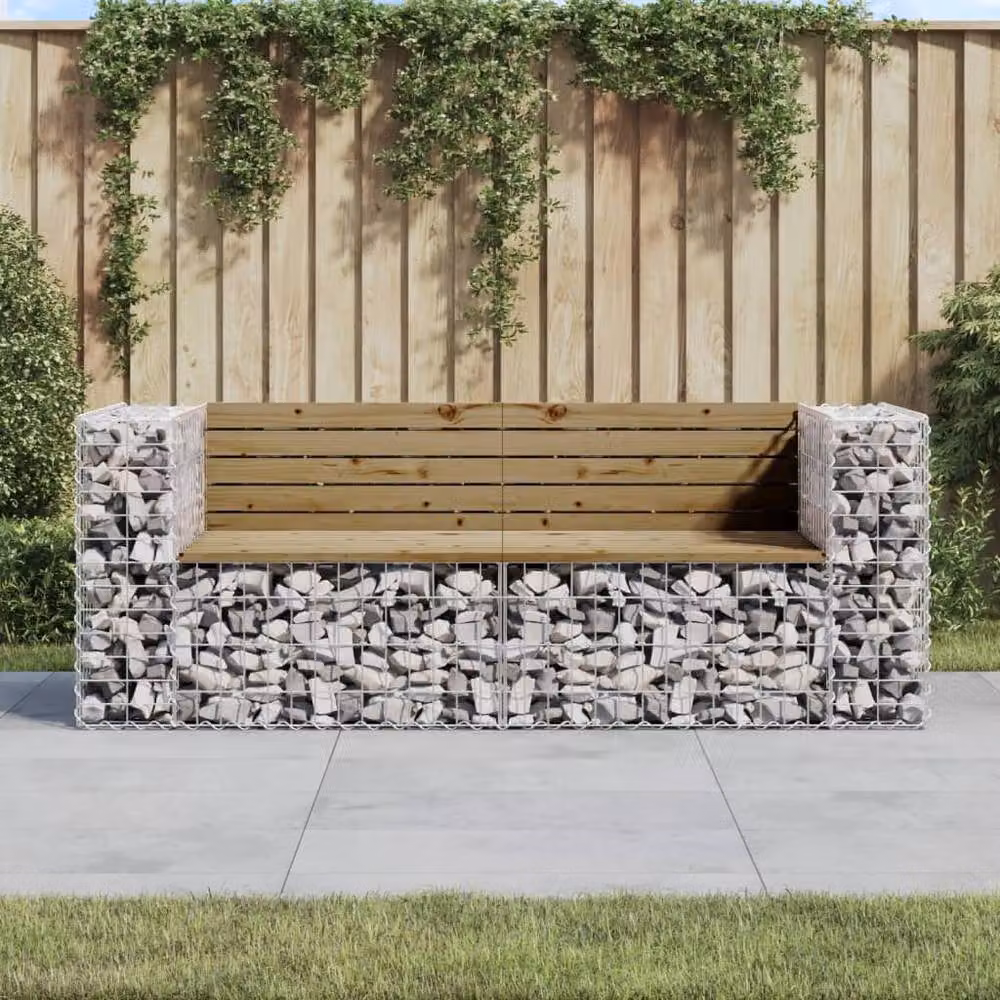 Berkfield Home Gabion Design Garden Bench in Brown Impregnated Pine Wood, W: 184 cm, D: 71 cm, H: 65.5 cm – 2