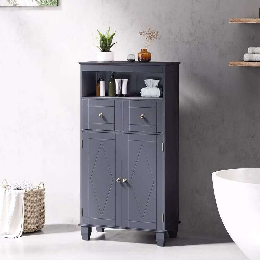 VOGREX Grey Wide Freestanding Bathroom Cabinet with 2 Hinged Doors, 2 Internal Drawers and Adjustable Shelves – 4