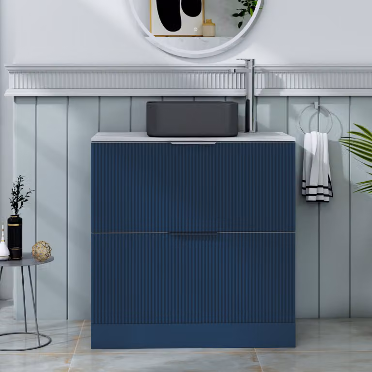 Royal Bathrooms Evora Midnight Blue Fluted Floor Standing Countertop Vanity Unit with Art Square Basin and 2 Drawers
