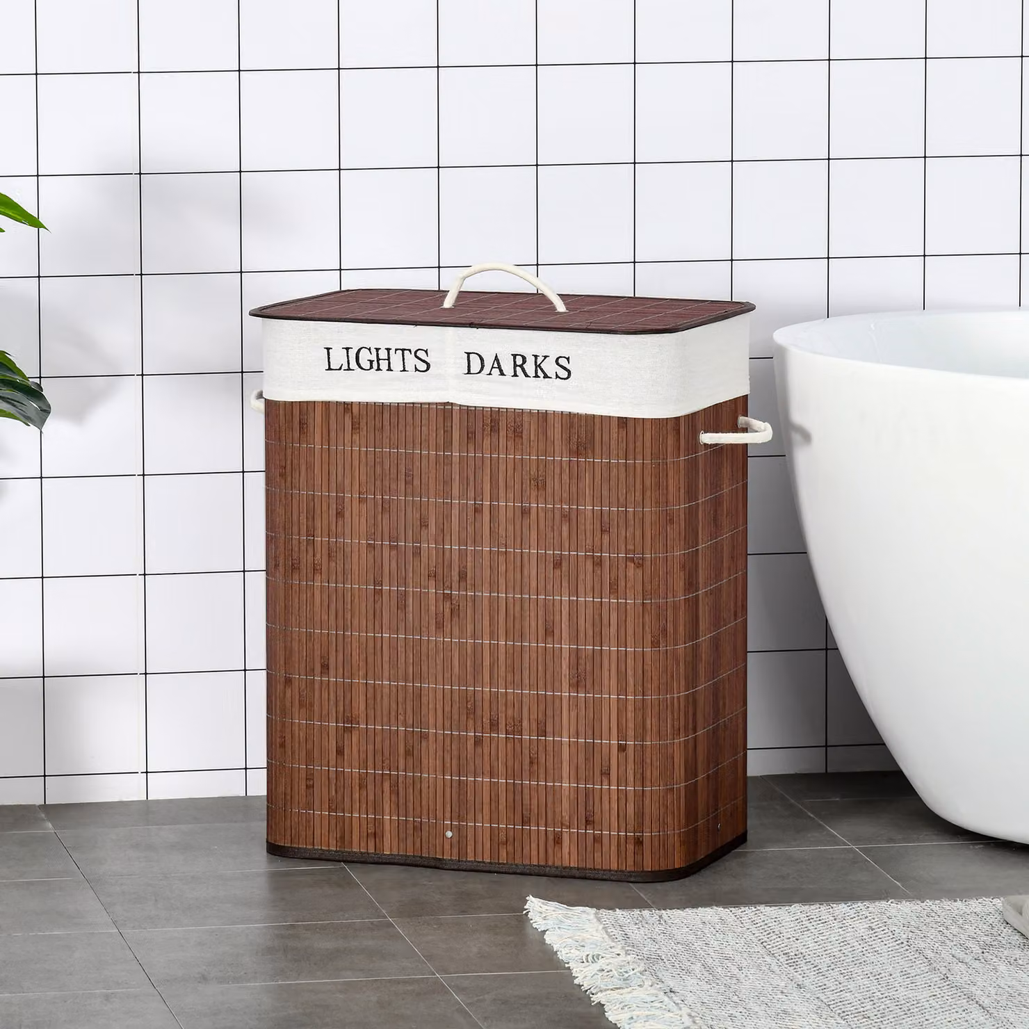 HOMCOM 100L Collapsible Dual Section Laundry Basket with Lid and Removable Liner in Brown – 2