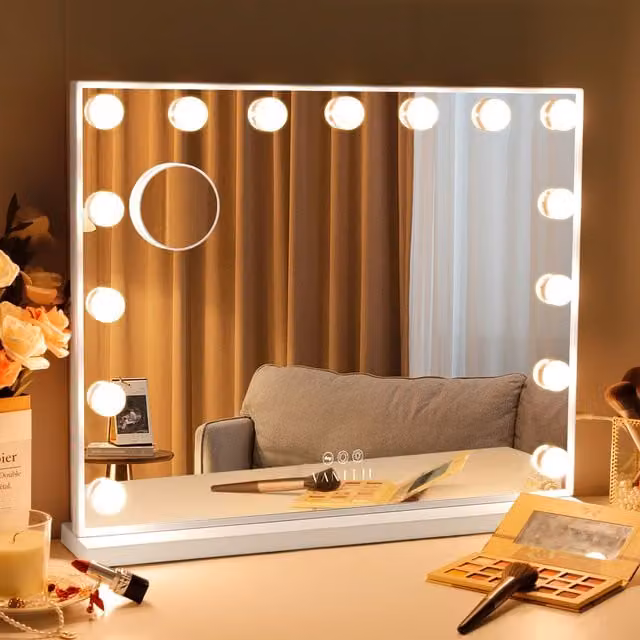 VANITII Mary Hollywood Dimmable LED Make Up Mirror with 15 Bulbs in White Metal