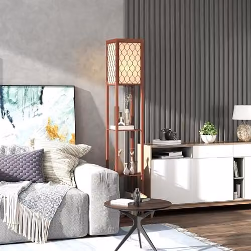 HOMCOM Modern Floor Lamp with 3 Shelves and Fabric Lampshade in Brown, Height: 160 cm – 7